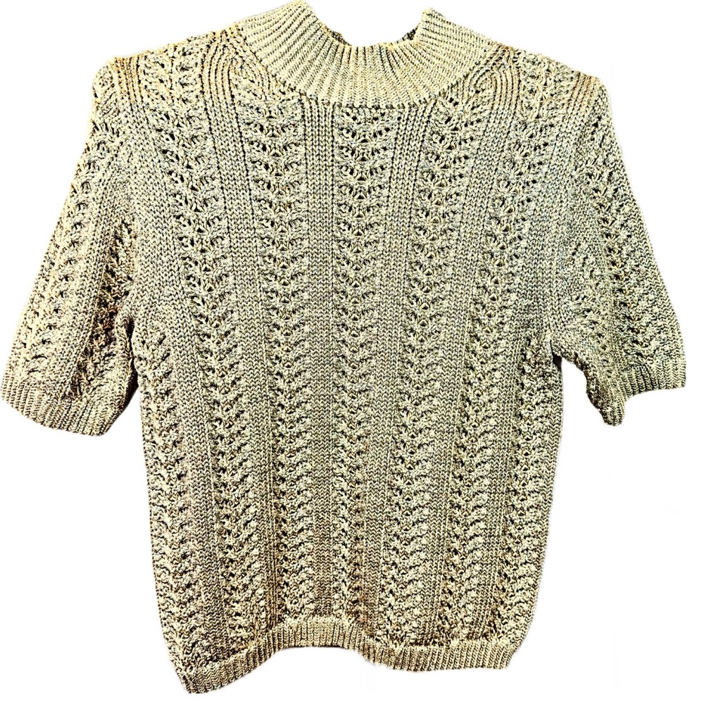 Gap Women’s Gold Lame Pointelle Mock Neck Short Sleeve Sweater Sz S